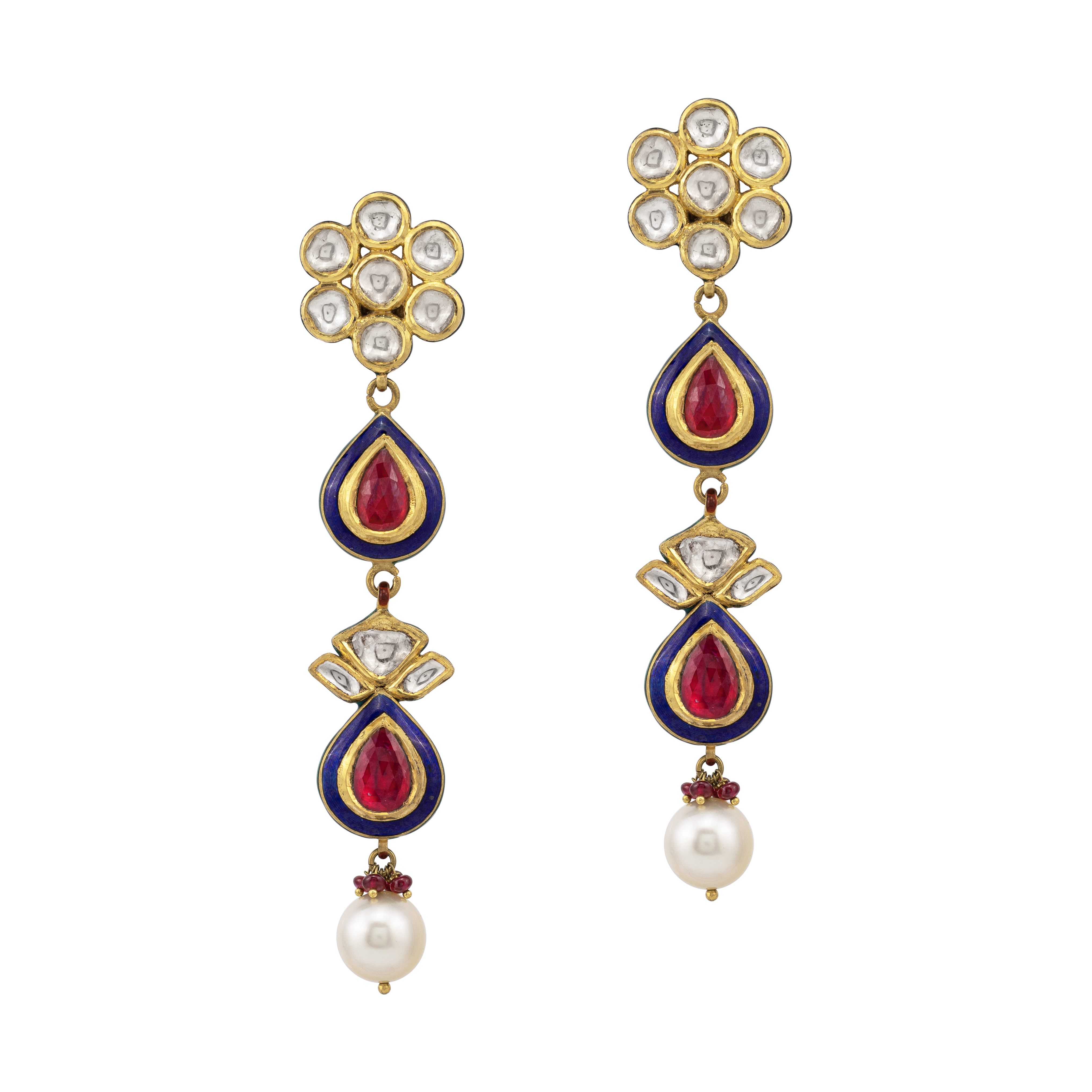 Floral Red Polki Earrings with Blue Enamel and Pearl Drop